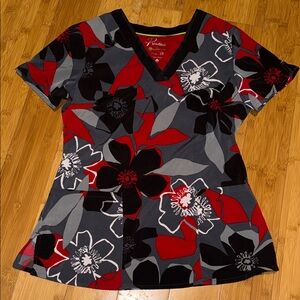 Red and Black Floral Women's Scrub Top